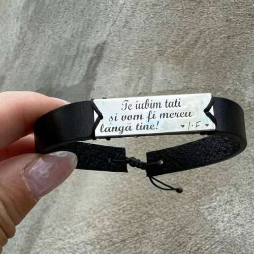 Brățara tablita pe piele neagra 1 cm