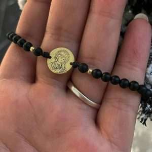 Brățara Maica Domnului bănuț 15 mm , 2 bilute și bile onix mat