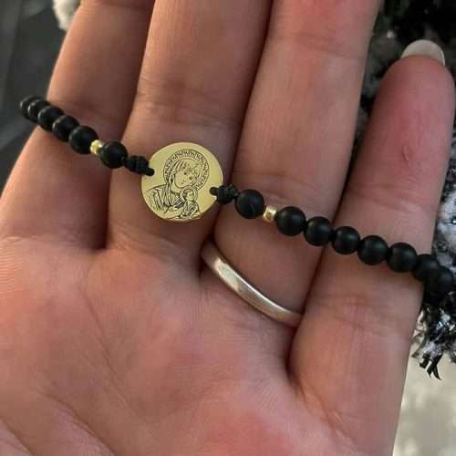 Brățara Maica Domnului bănuț 15 mm , 2 bilute și bile onix mat