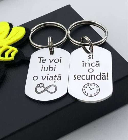 Set breloc îndrăgostiți  “Te voi iubi o viață și încă o secundă!” Inox