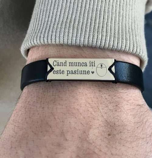 Brățara tăbliță pe piele neagra 1 cm